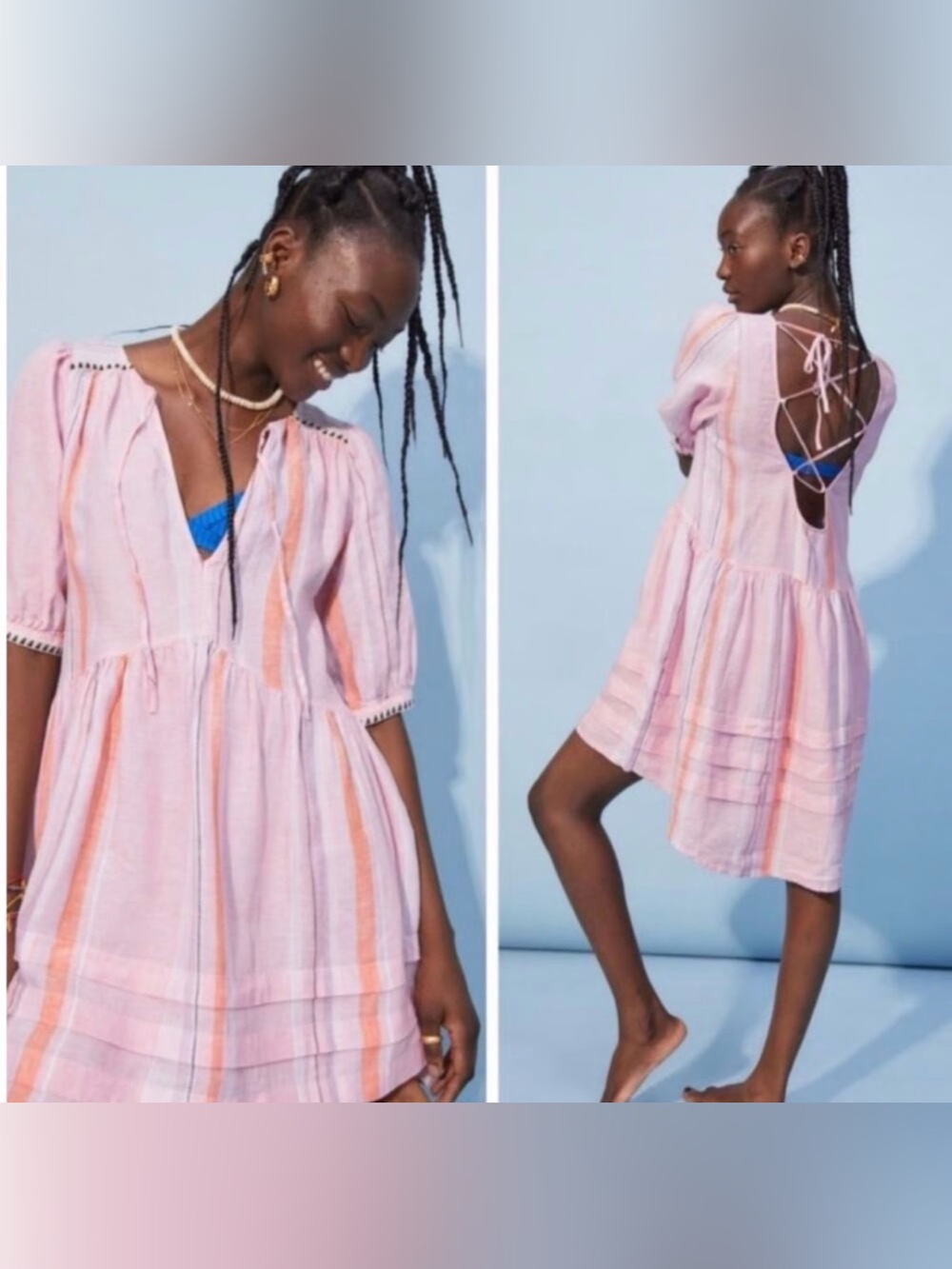 Lemlem X H&M Dress Womens XXL Pink Linen Puff Sleeve Boho‎ Sundress Romantic
